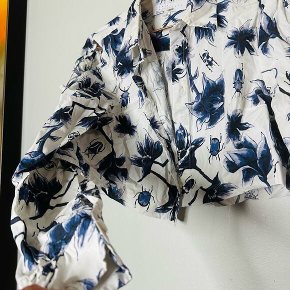 OSMAN YOUSEFZADA COLLECTIVE Blue White Floral Cutout Sleeves Shirt Size 10 FLAW - Picture 6 of 11